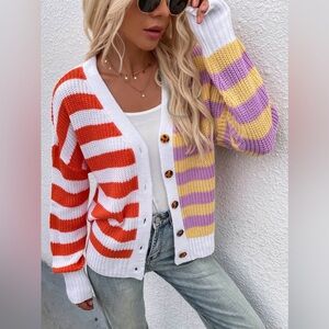 Striped Color Block Button Down Cardigan